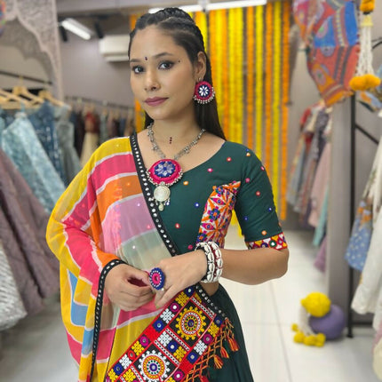 Aastha Fashion Green Rayon Multi Colour Samosa Lace Semi Stitched Wedding Wear Lehenga Choli