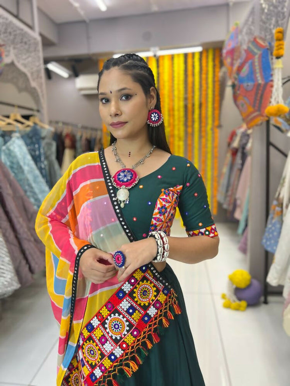 Aastha Fashion Green Rayon Multi Colour Samosa Lace Semi Stitched Wedding Wear Lehenga Choli