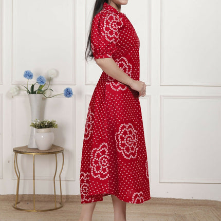 Miravan Womens Red Bandhani Printed Collar Neck Maxi Dress