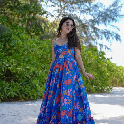 Rivasha fashion Women Rayon Floral Printed Anarkali Gown - Blue