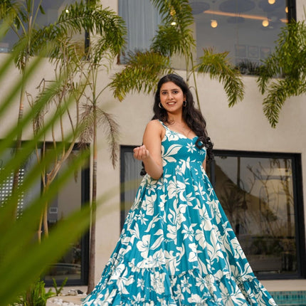 Rivasha fashion Women Rayon Floral Printed Anarkali Gown - Sky Blue