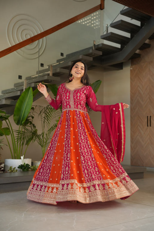 Rivasha Fashion Women Faux Blooming with Rich Zari & Sequins Embroidered Work Gown With Dupatta - MultiColor