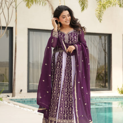 Rivasha Fashion Women Faux Blooming with Rich Zari & Sequins Embroidered Work Gown With Dupatta - Purple