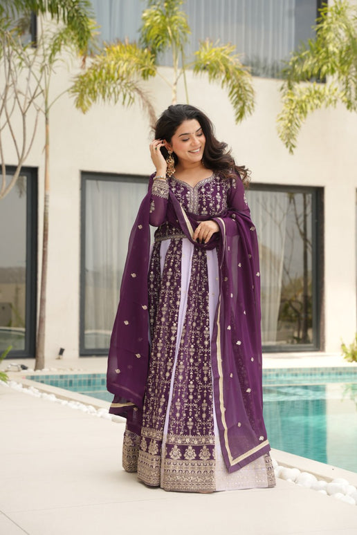 Rivasha Fashion Women Faux Blooming with Rich Zari & Sequins Embroidered Work Gown With Dupatta - Purple