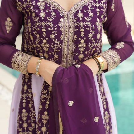 Rivasha Fashion Women Faux Blooming with Rich Zari & Sequins Embroidered Work Gown With Dupatta - Purple