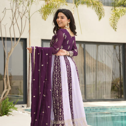 Rivasha Fashion Women Faux Blooming with Rich Zari & Sequins Embroidered Work Gown With Dupatta - Purple