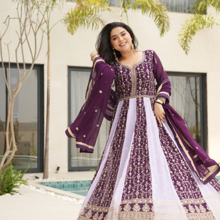 Rivasha Fashion Women Faux Blooming with Rich Zari & Sequins Embroidered Work Gown With Dupatta - Purple