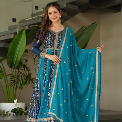 Rivasha Fashion Women Faux Blooming with Rich Zari & Sequins Embroidered Work Gown With Dupatta - Sky Blue