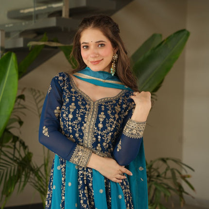 Rivasha Fashion Women Faux Blooming with Rich Zari & Sequins Embroidered Work Gown With Dupatta - Sky Blue