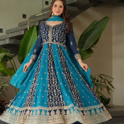 Rivasha Fashion Women Faux Blooming with Rich Zari & Sequins Embroidered Work Gown With Dupatta - Sky Blue
