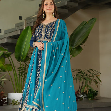 Rivasha Fashion Women Faux Blooming with Rich Zari & Sequins Embroidered Work Gown With Dupatta - Sky Blue