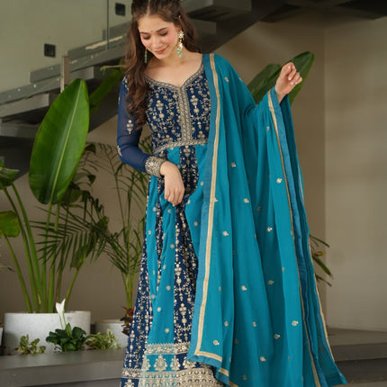 Rivasha Fashion Women Faux Blooming with Rich Zari & Sequins Embroidered Work Gown With Dupatta - Sky Blue