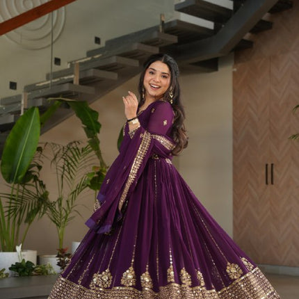 Rivasha Fashion Women Faux Blooming with Rich Zari & Sequins Embroidered Work Gown With Dupatta - Purple