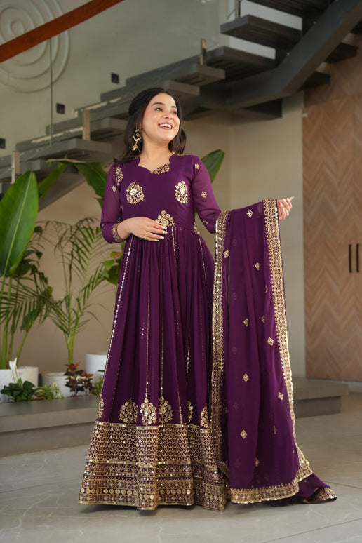 Rivasha Fashion Women Faux Blooming with Rich Zari & Sequins Embroidered Work Gown With Dupatta - Purple