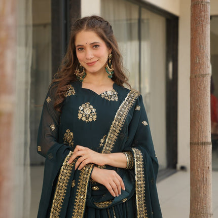 Rivasha Fashion Women Faux Blooming with Rich Zari & Sequins Embroidered Work Gown With Dupatta - Rama