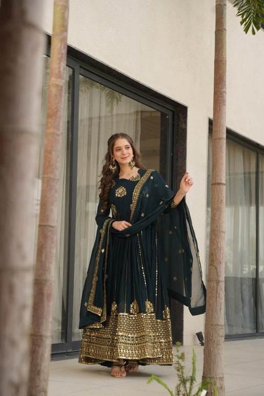Rivasha Fashion Women Faux Blooming with Rich Zari & Sequins Embroidered Work Gown With Dupatta - Rama