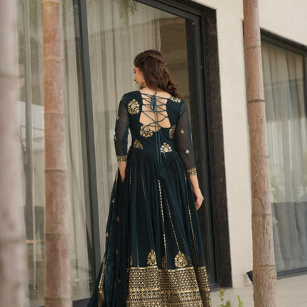 Rivasha Fashion Women Faux Blooming with Rich Zari & Sequins Embroidered Work Gown With Dupatta - Rama