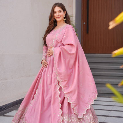 Rivasha Fashion Women Heavy Shimmer Silk With Embroidery Sequins Work Anarkali Gown With Dupatta - Pink
