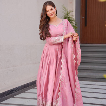 Rivasha Fashion Women Heavy Shimmer Silk With Embroidery Sequins Work Anarkali Gown With Dupatta - Pink