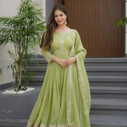 Rivasha Fashion Women Heavy Crunchy Silk With Embroidery Codding & Sequins Work Anarkali Gown With Dupatta - Light Green