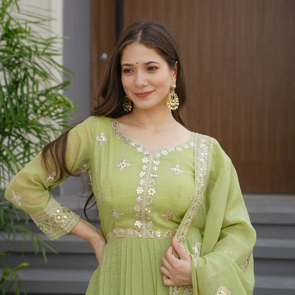 Rivasha Fashion Women Heavy Crunchy Silk With Embroidery Codding & Sequins Work Anarkali Gown With Dupatta - Light Green