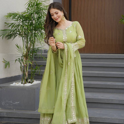 Rivasha Fashion Women Heavy Crunchy Silk With Embroidery Codding & Sequins Work Anarkali Gown With Dupatta - Light Green