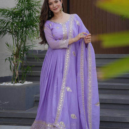 Rivasha Fashion Women Heavy Crunchy Silk With Embroidery Codding & Sequins Work Anarkali Gown With Dupatta - Lavender