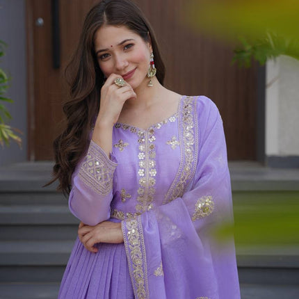 Rivasha Fashion Women Heavy Crunchy Silk With Embroidery Codding & Sequins Work Anarkali Gown With Dupatta - Lavender