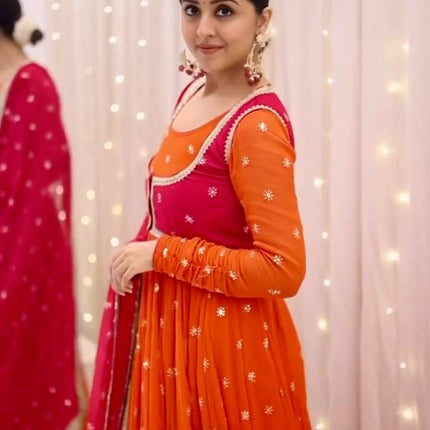 Rivasha Fashion Women Heavy Faux Georgette With Embroidery Sequins Work Anarkali Gown With Koti and Dupatta and Pant - Orange