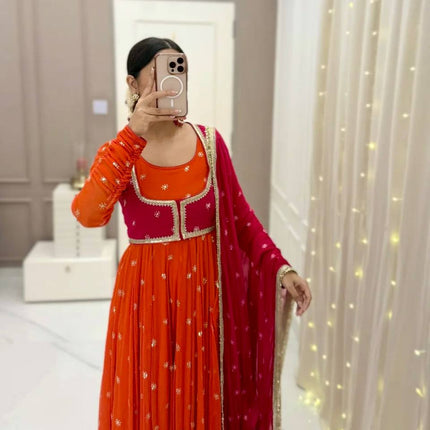 Rivasha Fashion Women Heavy Faux Georgette With Embroidery Sequins Work Anarkali Gown With Koti and Dupatta and Pant - Orange