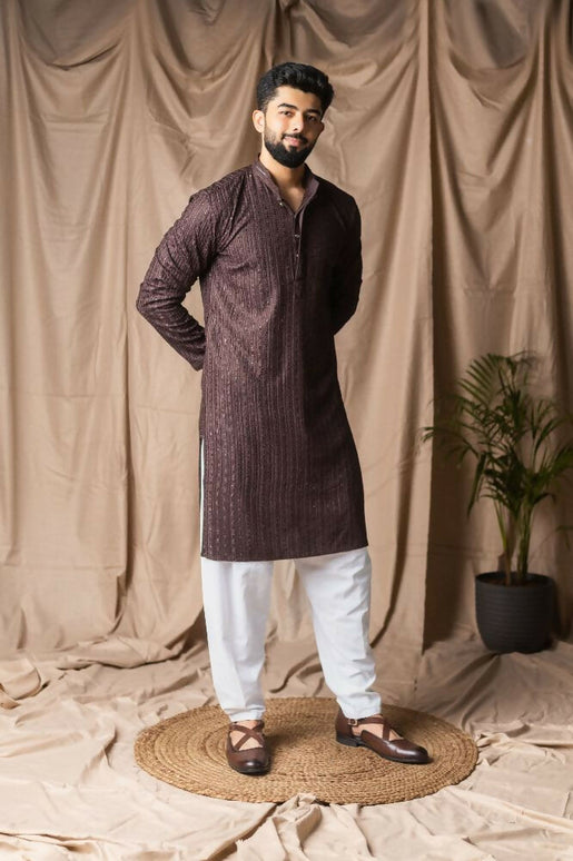 Dark Brown Rayon Thread Embroidery Work Kurta Set - Mahotsav