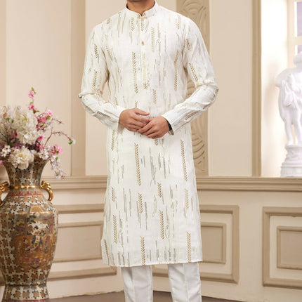 Raivat Ethnic Men's Art Silk Thread Work Kurta Pyjama In Cream Colour