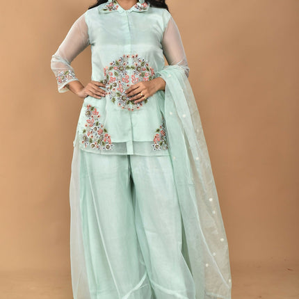 Morchari Women And Hand Embroidery Palazzo Set-Sea Green