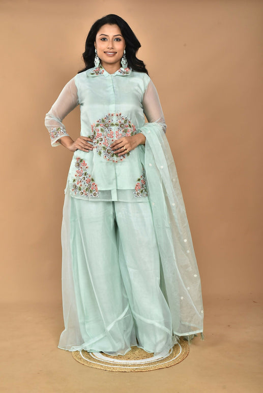 Morchari Women And Hand Embroidery Palazzo Set-Sea Green