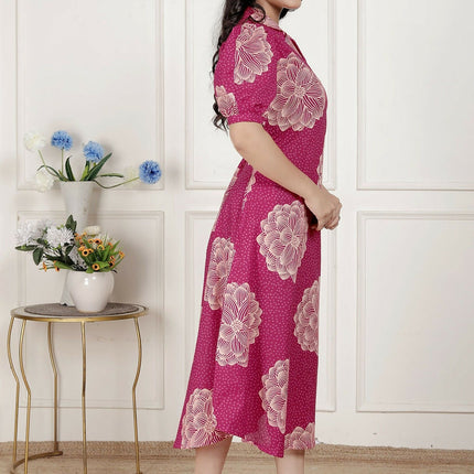 Miravan Womens Pink Printed Collar Neck Short Puff Sleeves Cotton A-Line Maxi Dress