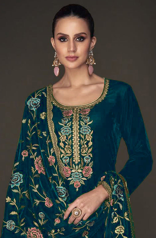 Lorenvalley Fashion Women Rama Velvet Embroidered Salwar Suit Material