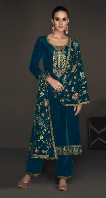 Lorenvalley Fashion Women Rama Velvet Embroidered Salwar Suit Material