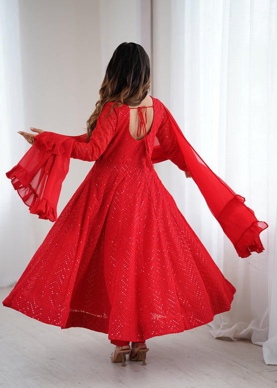 Lorenvalley Fashion Red Faux Georgette Lukhnowi Sequence Work Anarkali Kurta Pant With Dupatta Set