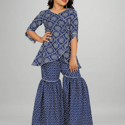 Divine Drape Girls Rayon Blue Printed Straight Kids Kurta Sharara With Dupatta