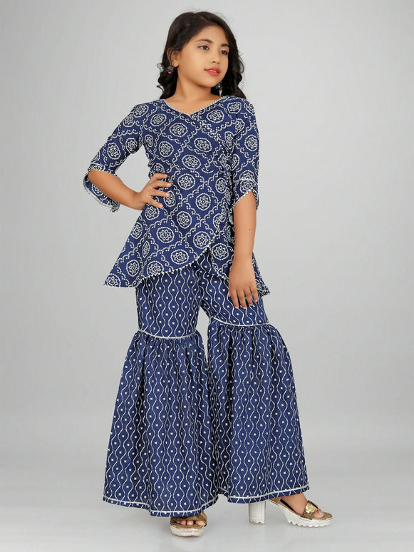 Divine Drape Girls Rayon Blue Printed Straight Kids Kurta Sharara With Dupatta
