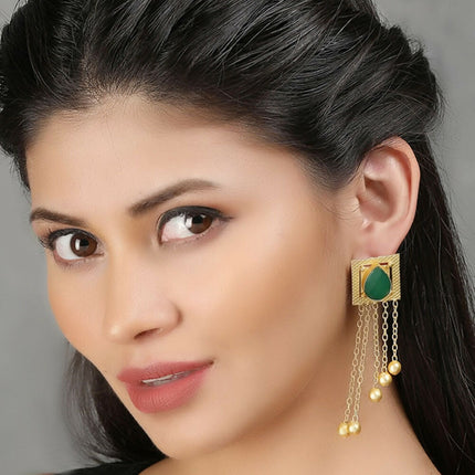 Joban Fashion Women Green Stone Golden Beats Matte Gold Earrings