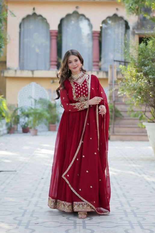 Aastha Fashion Maroon Faux Blooming Georgette Sequins Embroidered work Party Wear Designer Gown