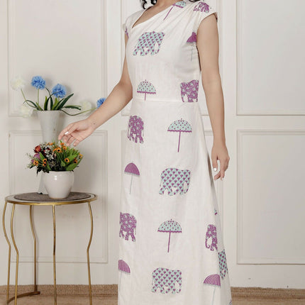 Miravan Womens Off-White Animal Printed Asymmetric Neck A-Line Maxi Dress