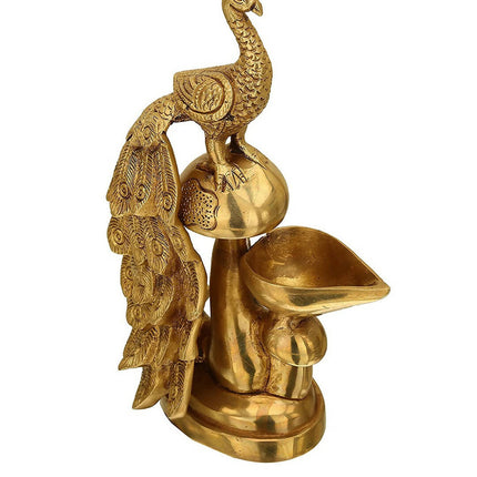 Craftvatika Gold-Toned Brass Diya Oil Lamp Peacock Hanging Diya