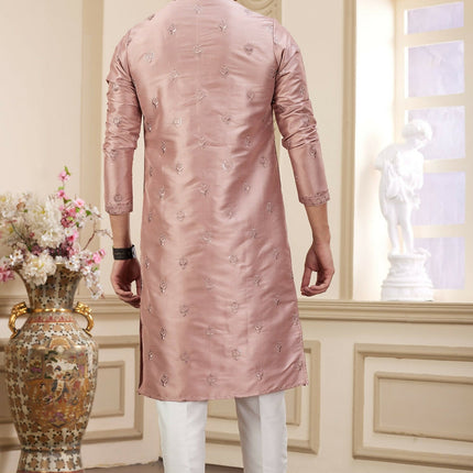 Raivat Ethnic Men's Art Silk Thread Work Kurta Pyjama In Cream Beige Colour