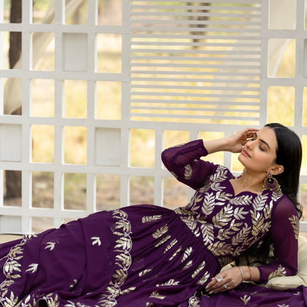 Sonakshi Women's Purple Fox Georgette Thread Sequins Anarkali Gown Set with Dupatta