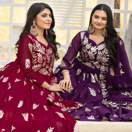 Sonakshi Women's Purple & Maharani Fox Georgette Thread Sequins Anarkali Gown Set with Dupatta