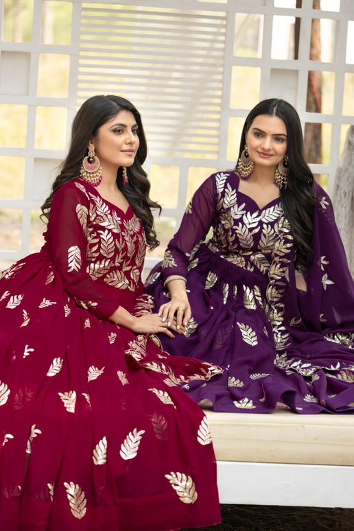 Sonakshi Women's Purple & Maharani Fox Georgette Thread Sequins Anarkali Gown Set with Dupatta