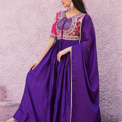 Sonakshi Women's Jamli Chinon Bandhrej Sequins Anarkali Gown Set with Dupatta