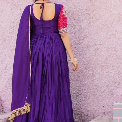 Sonakshi Women's Jamli Chinon Bandhrej Sequins Anarkali Gown Set with Dupatta